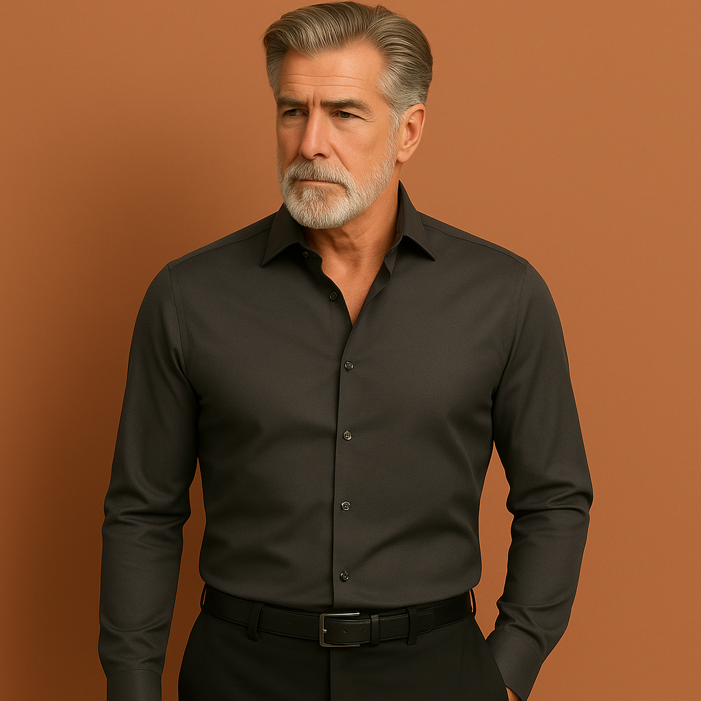 Grijs slim fit heren overhemd met knoopsluiting, geschikt voor zakelijke en casual outfits.