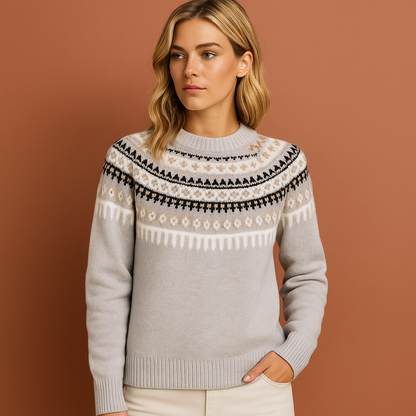 Damestrui in grijs met Scandinavisch winterpatroon, warm en comfortabel voor stijlvolle winterlooks.