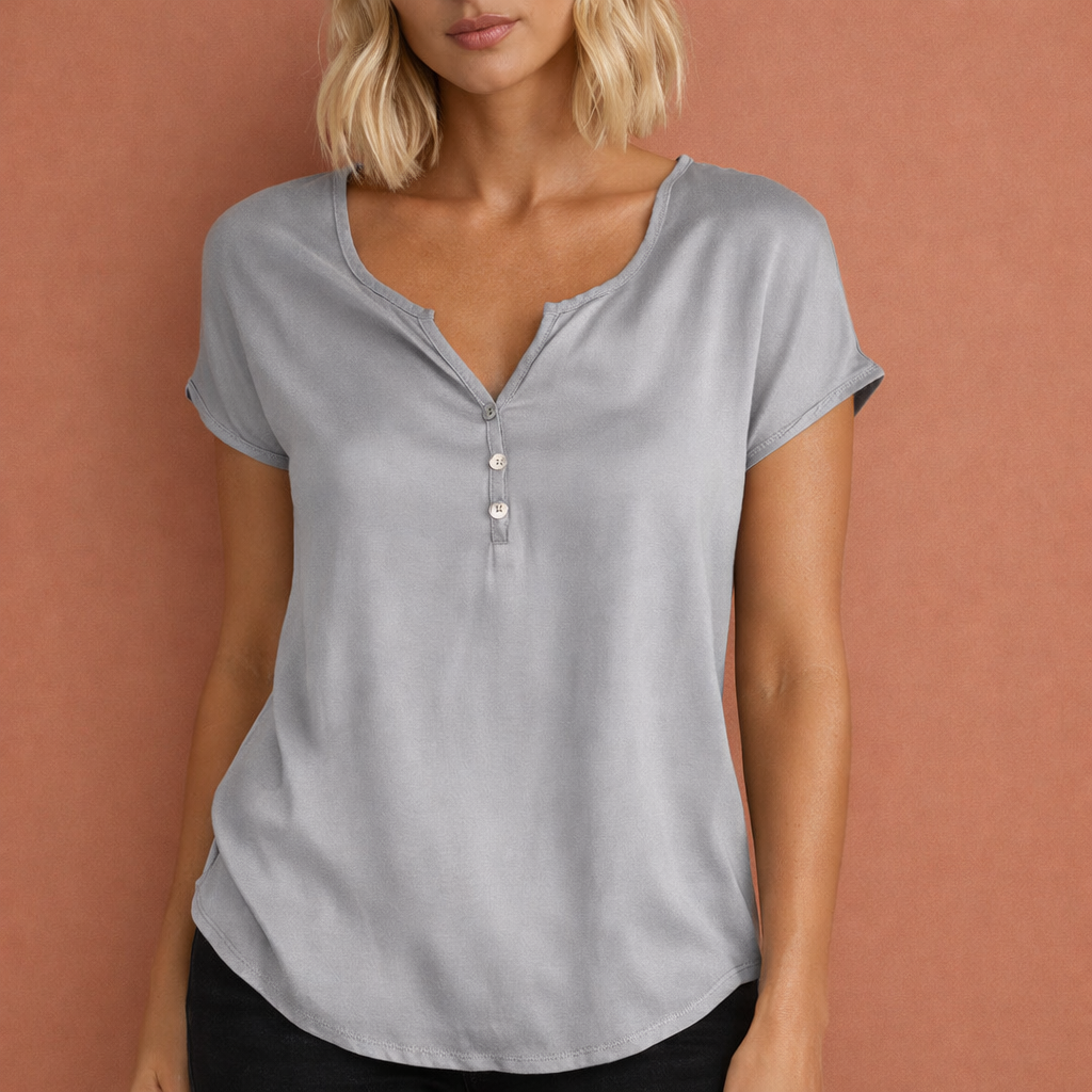 Dames V-hals zomertop in grijs met minimalistisch design, zacht en comfortabel voor casual en stijlvolle outfits.