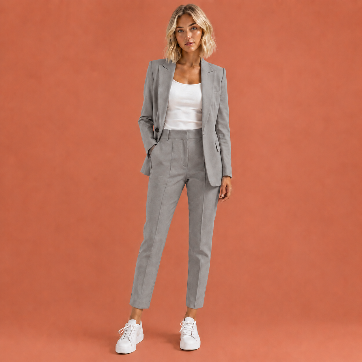 Dames blazer set in grijs met minimalistisch design, zacht en comfortabel voor casual en stijlvolle outfits.