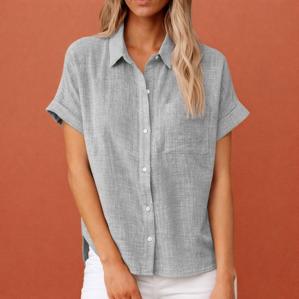 Dames blouse in grijs met minimalistisch design, zacht en comfortabel voor casual en stijlvolle outfits.