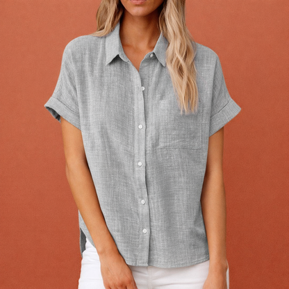Dames blouse in grijs met minimalistisch design, zacht en comfortabel voor casual en stijlvolle outfits.
