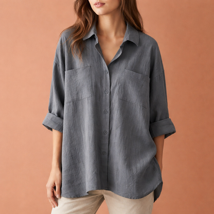 Dames blouse in grijs met minimalistisch design, zacht en comfortabel voor casual en stijlvolle outfits.