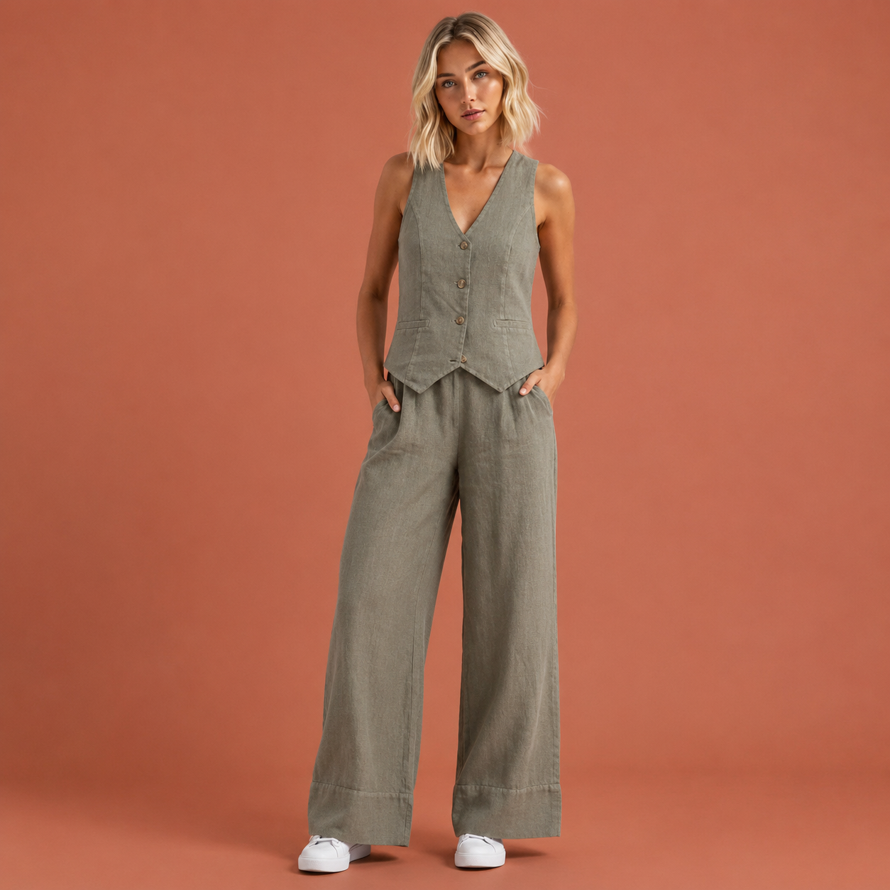 Dames linnen set in grijs met minimalistisch design, zacht en comfortabel voor casual en stijlvolle outfits.