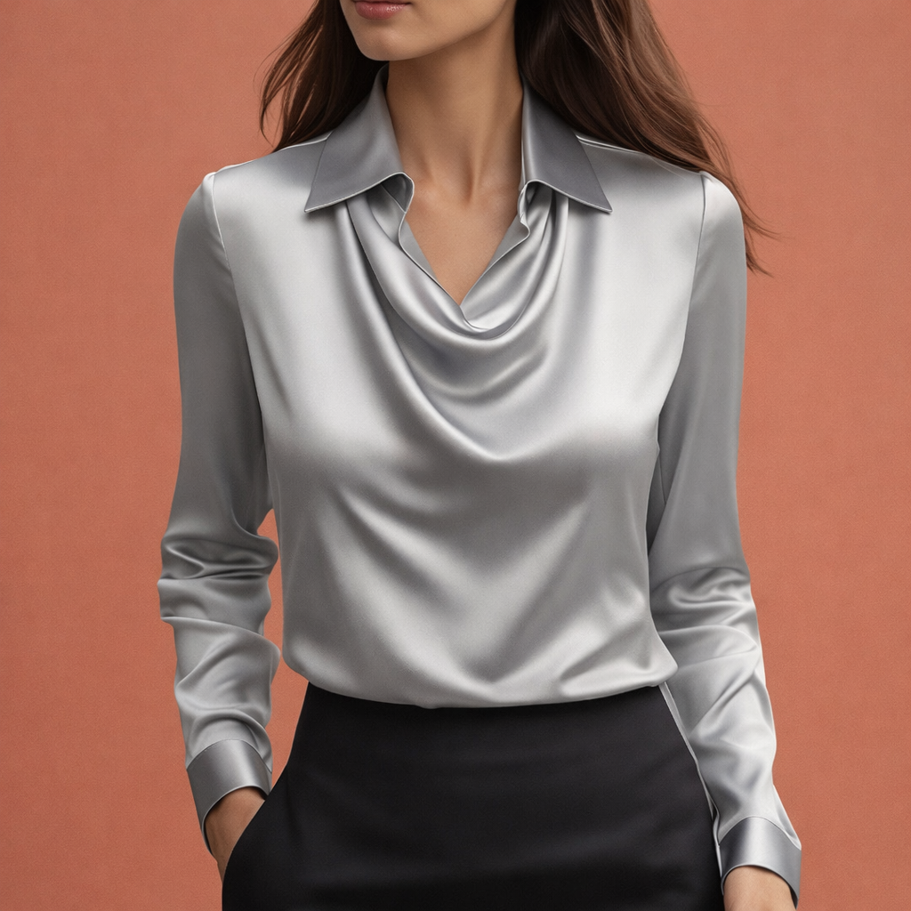 Dames satijnen blouse in grijs met draperende kraag, zacht en comfortabel voor stijlvolle en casual outfits.