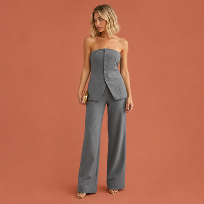 Dames tube top broek set in grijs met minimalistisch design, zacht en comfortabel voor casual en stijlvolle outfits.