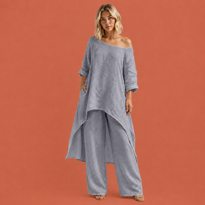Dames vrijetijdsset in grijs met minimalistisch design, zacht en comfortabel voor casual en stijlvolle outfits.