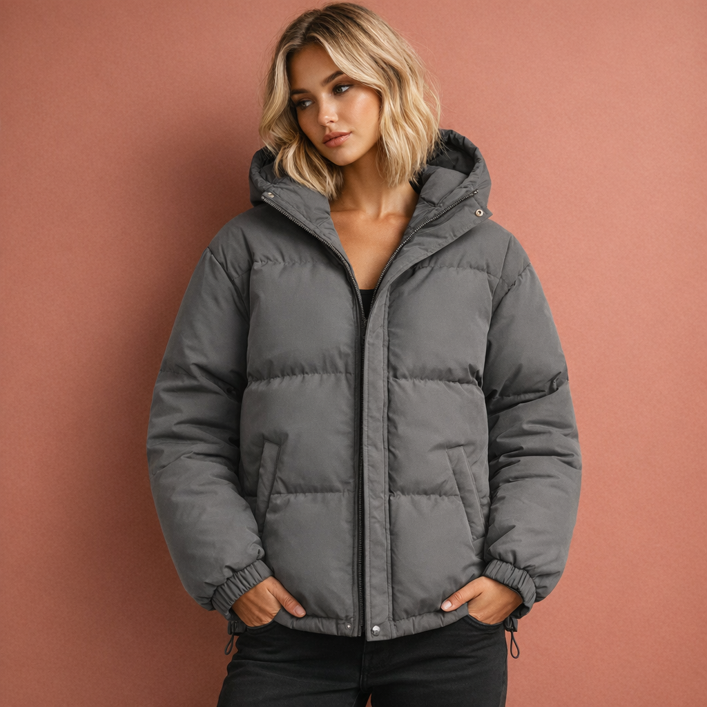 Grijze gewatteerde damesjas met capuchon en ritssluiting, comfortabel voor dagelijks gebruik tijdens koude dagen.