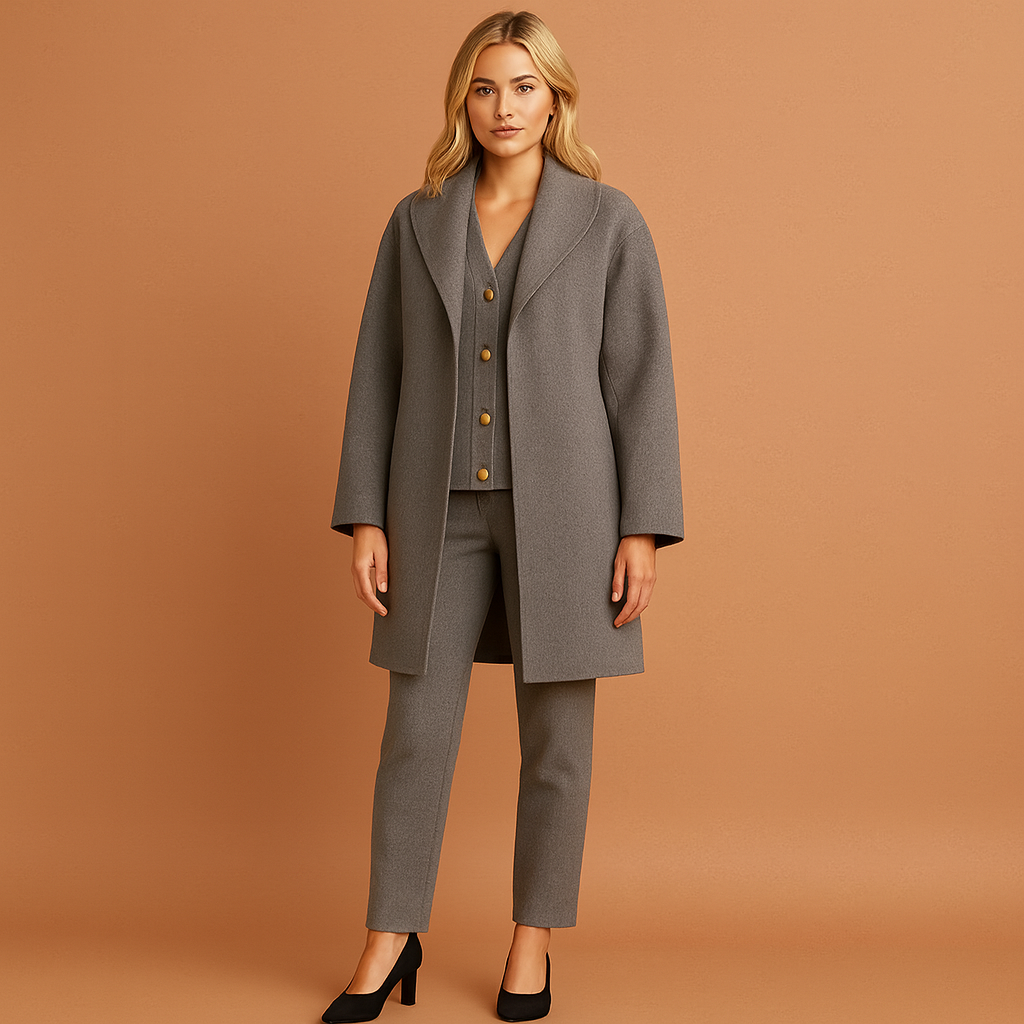 Grijze halflange dames mantel met open kraag, geschikt voor dagelijks gebruik en nette outfits.