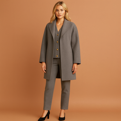 Grijze halflange dames mantel met open kraag, geschikt voor dagelijks gebruik en nette outfits.