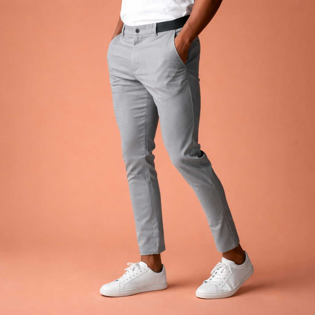Heren chino broek in grijs met minimalistisch design, zacht en comfortabel voor casual en stijlvolle outfits.