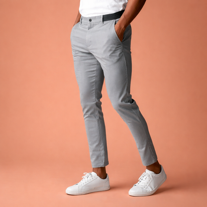 Heren chino broek in grijs met minimalistisch design, zacht en comfortabel voor casual en stijlvolle outfits.