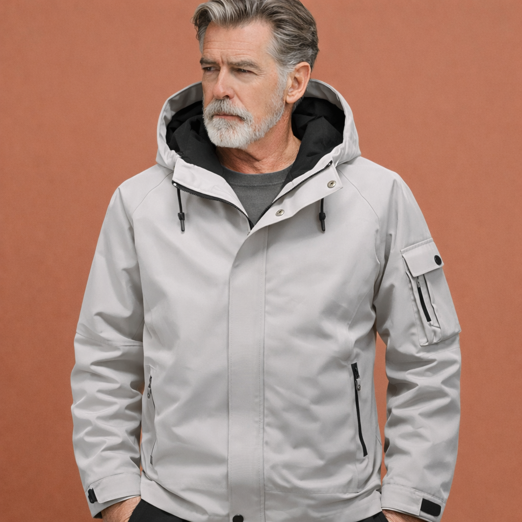 Grijze herenjas met capuchon en ritszakken, comfortabele pasvorm voor dagelijks gebruik in herfst en winter.