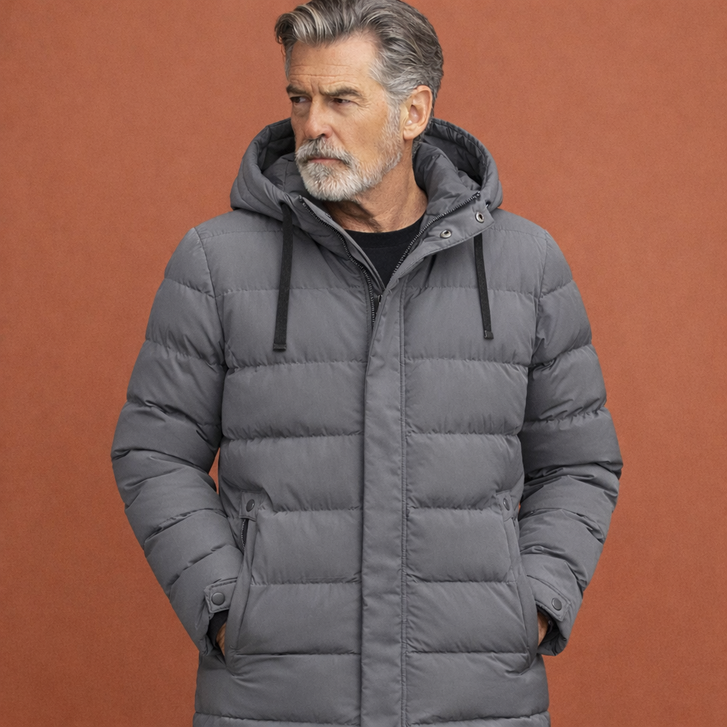 Grijze heren jas met capuchon en ritssluiting aan de voorzijde, ideaal voor dagelijks gebruik in herfst en winter.1