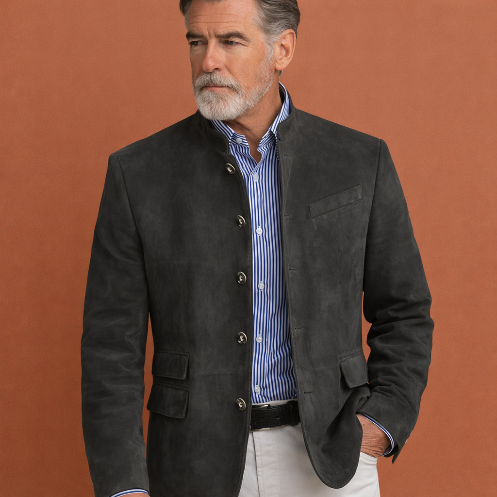 Grijze klassieke herenjas met opstaande kraag, geschikt voor dagelijks gebruik en nette outfits.