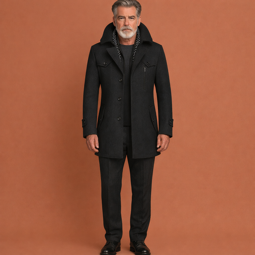 Grijze lange herenjas met stijlvolle kraag en slim fit pasvorm, ideaal voor koude dagen en formele gelegenheden.