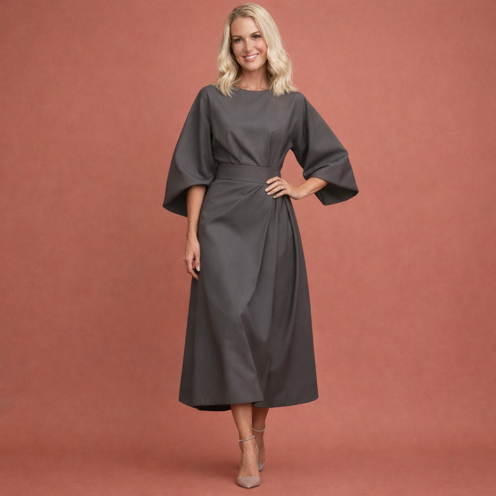 Grijze midi-jurk met lantaarnmouwen en ceintuur voor dames, elegante jurk voor feest, diner of formele gelegenheid.