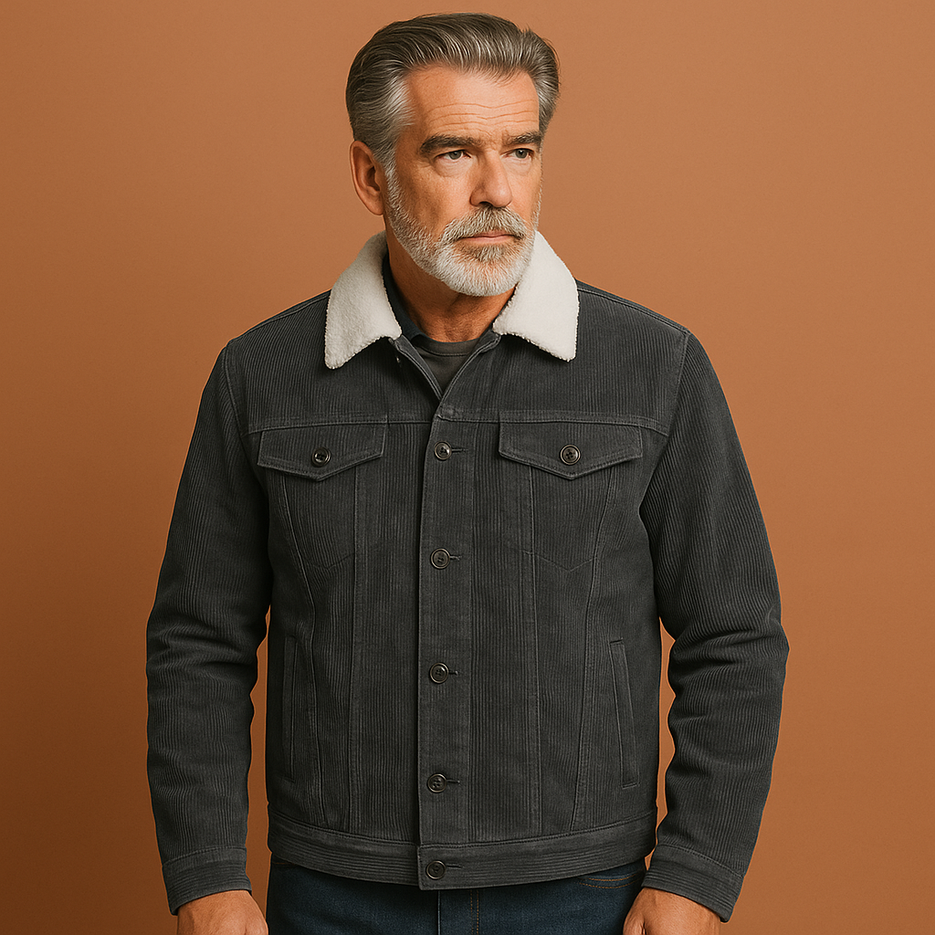 Grijze warme sherpa gevoerde heren winterjas met borstzakken, perfect voor koude dagen en outdoor activiteiten.