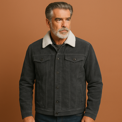 Grijze warme sherpa gevoerde heren winterjas met borstzakken, perfect voor koude dagen en outdoor activiteiten.