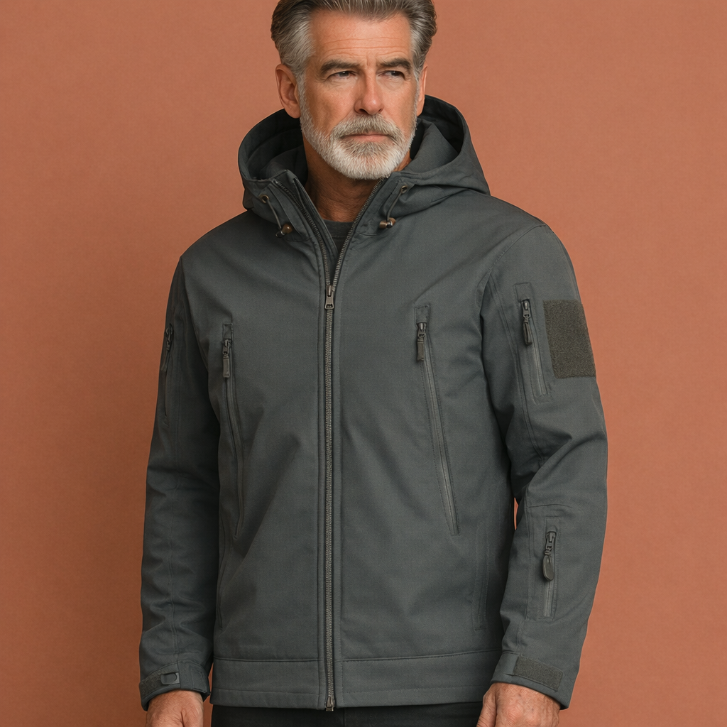 Grijze tactische jas voor heren met verstelbare capuchon en ritssluiting, geschikt voor dagelijks gebruik en outdoor activiteiten.