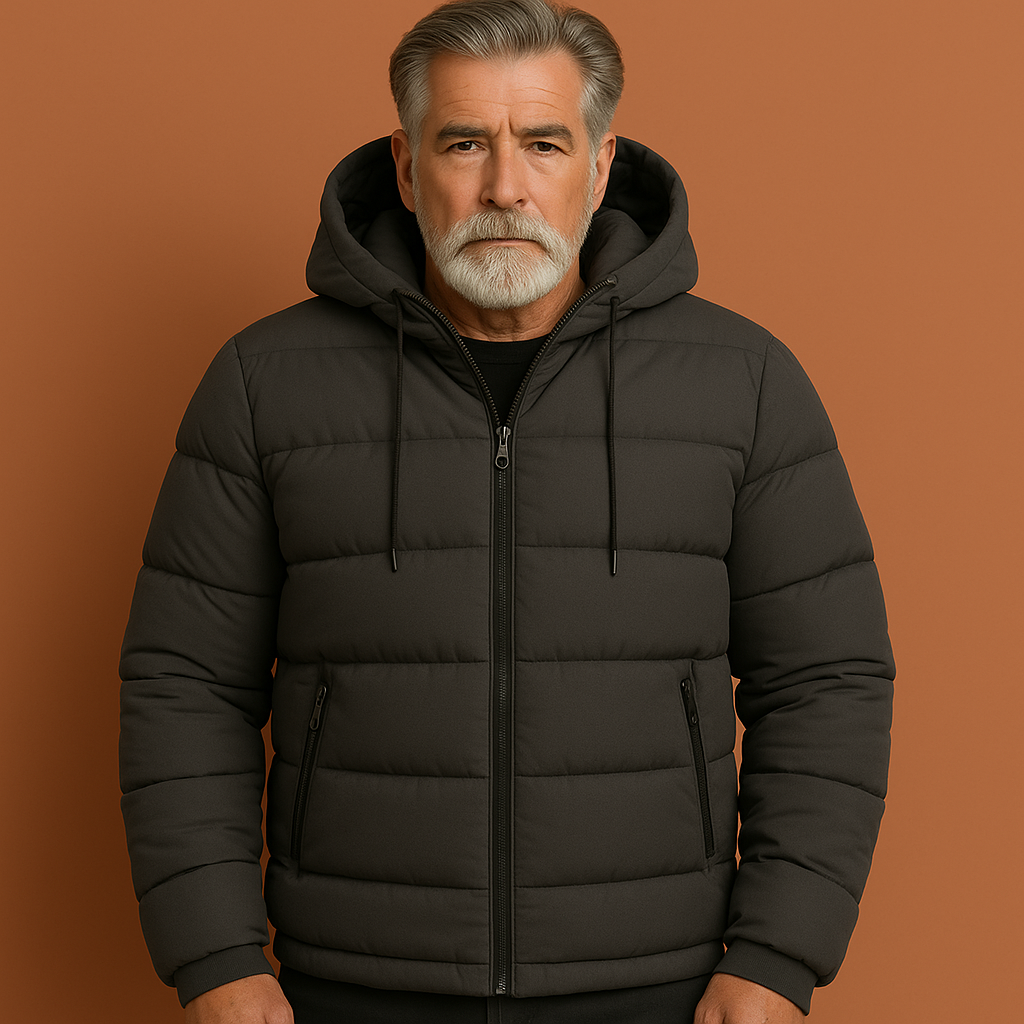 Waterdichte winterjas voor heren in grijze kleur, ideaal voor koude en natte dagen buiten.