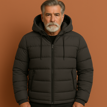 Waterdichte winterjas voor heren in grijze kleur, ideaal voor koude en natte dagen buiten.