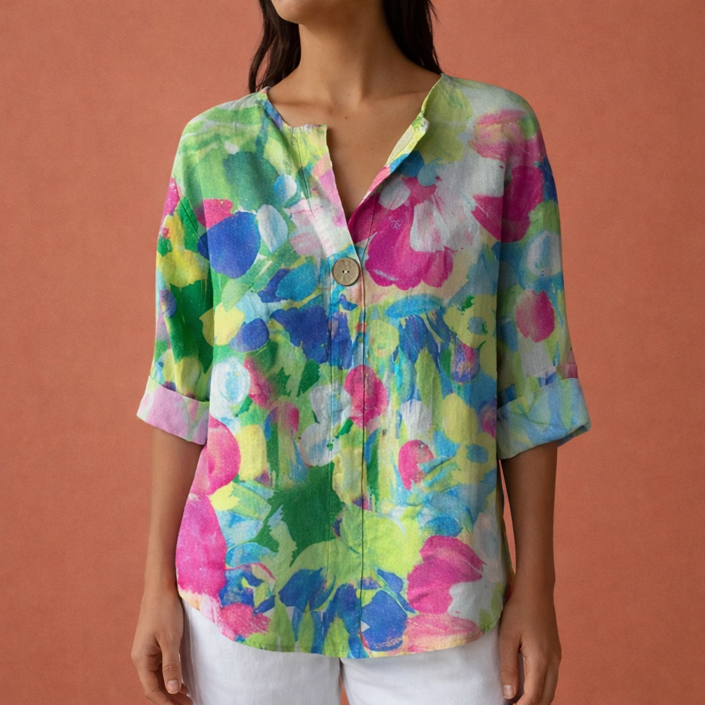 Dames blouse in groen-roze met minimalistisch design, zacht en comfortabel voor casual en stijlvolle outfits.