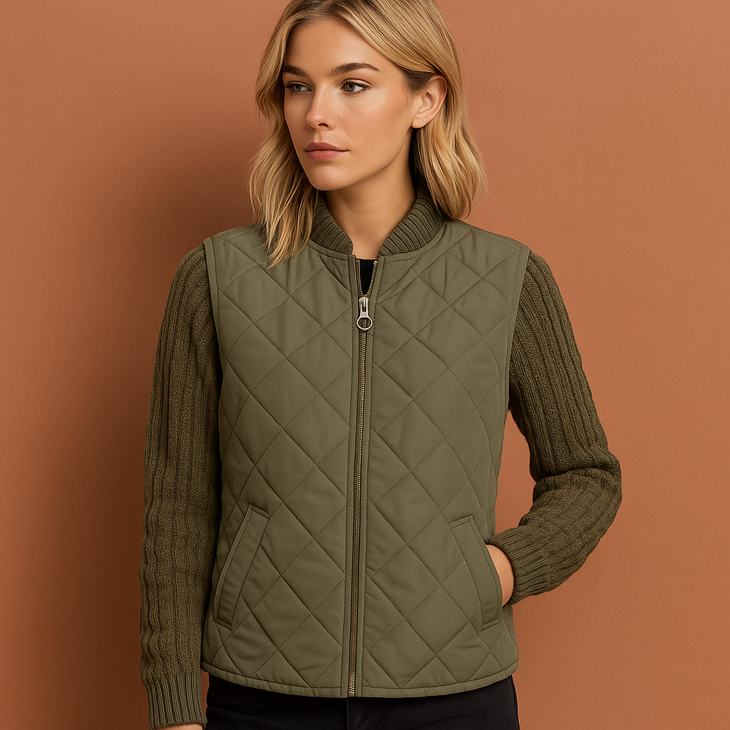 Dames patchwork gebreid vest in groen met speels design, zacht en comfortabel voor casual outfits.