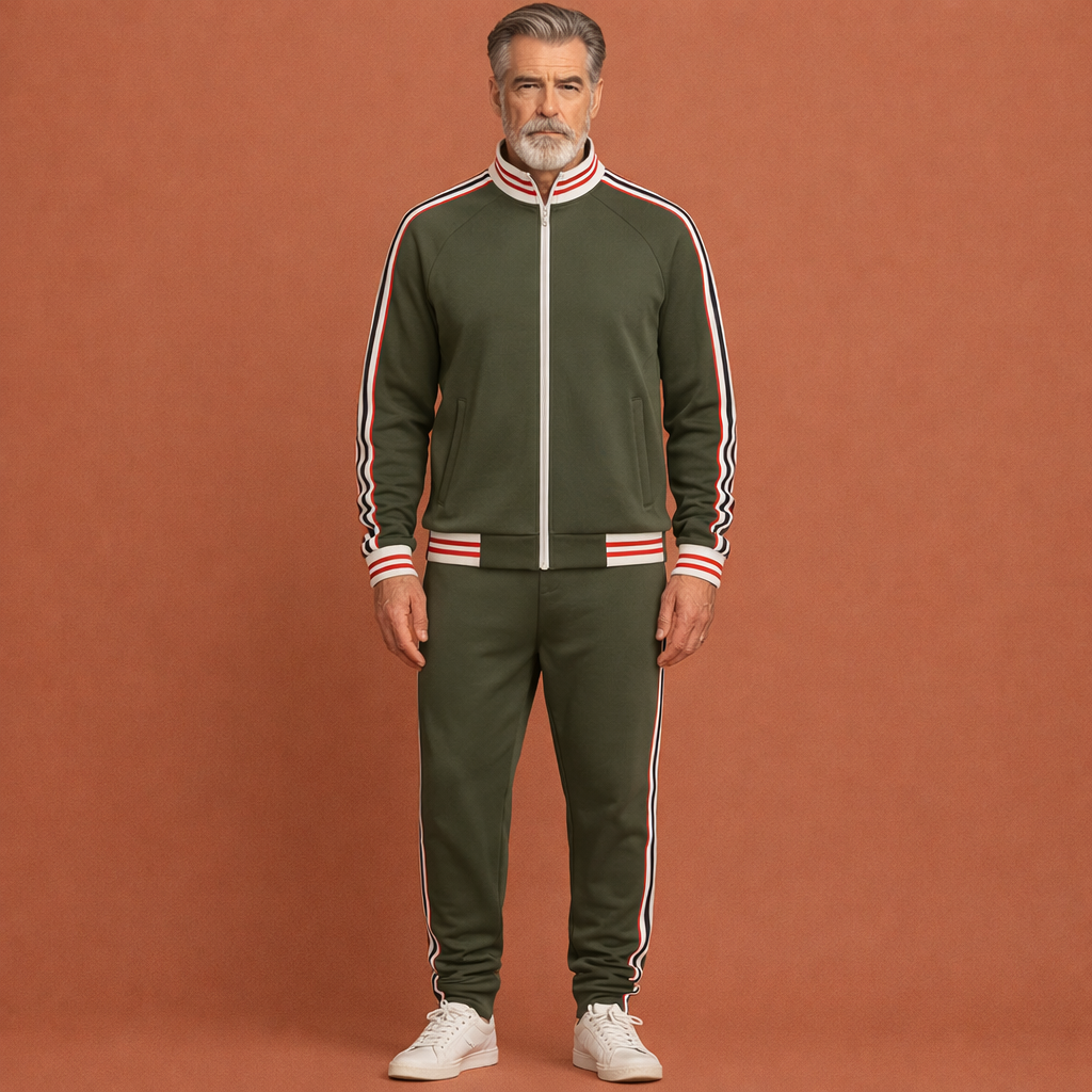 Groen stijlvol heren trainingspak met strepen en comfortabele pasvorm, ideaal voor sport en casual gebruik.