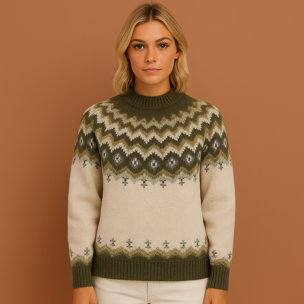Damestrui in groen met Scandinavisch patroon, zacht en comfortabel voor casual en stijlvolle winteroutfits.