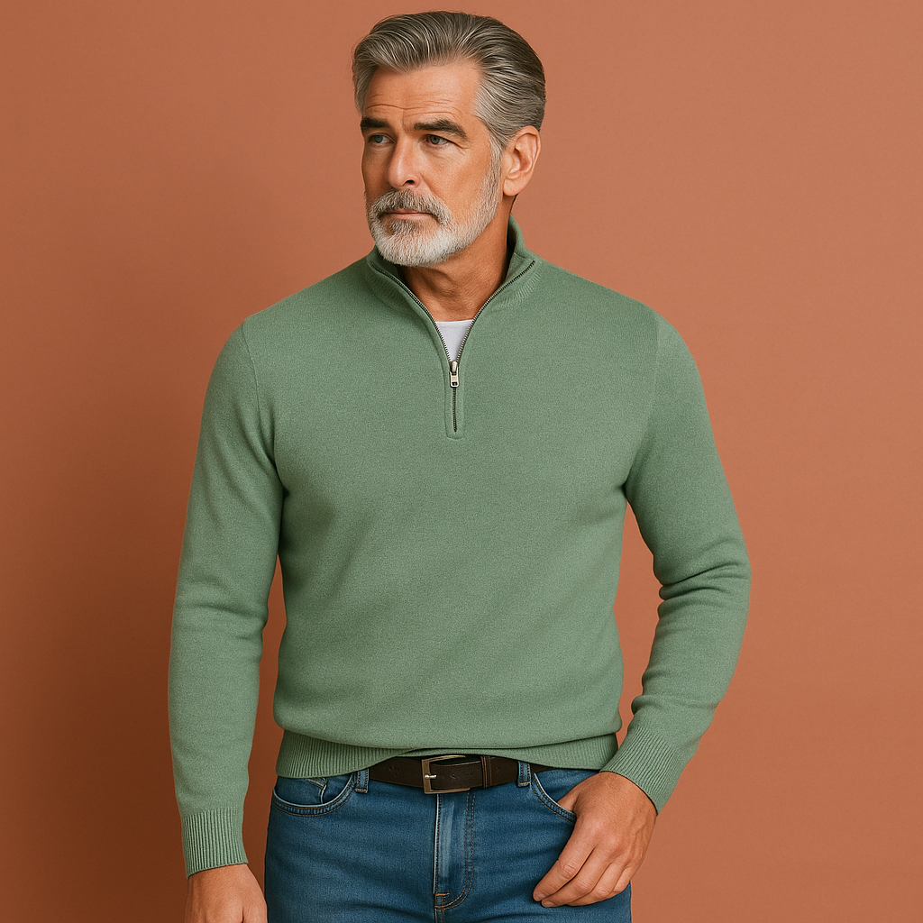 Groene heren trui met V-hals en ritssluiting, stijlvol en comfortabel voor werk en vrije tijd.