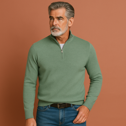 Groene heren trui met V-hals en ritssluiting, stijlvol en comfortabel voor werk en vrije tijd.