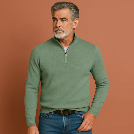 Groene heren trui met V-hals en ritssluiting, stijlvol en comfortabel voor werk en vrije tijd.