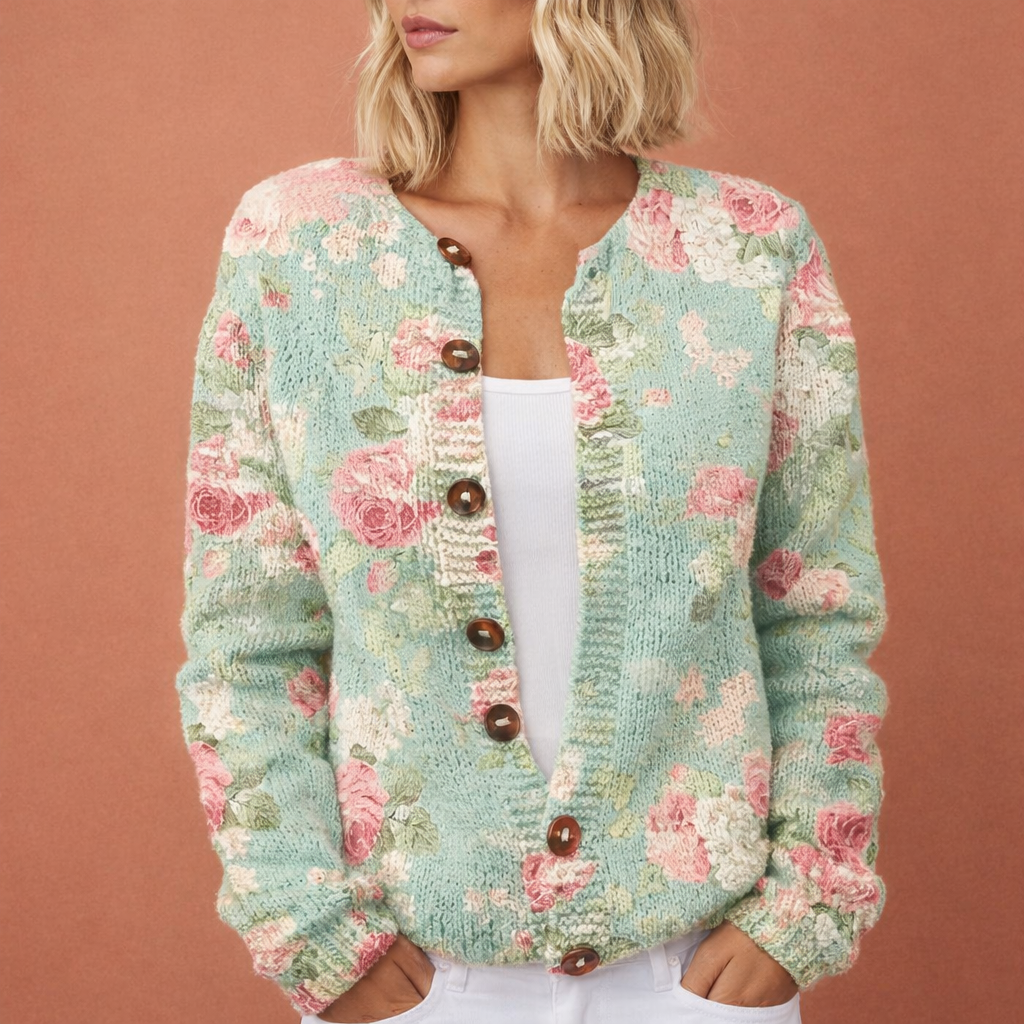 Groene chique dames cardigan met bloemmotief en comfortabele pasvorm, ideaal voor dagelijks gebruik en koude dagen.