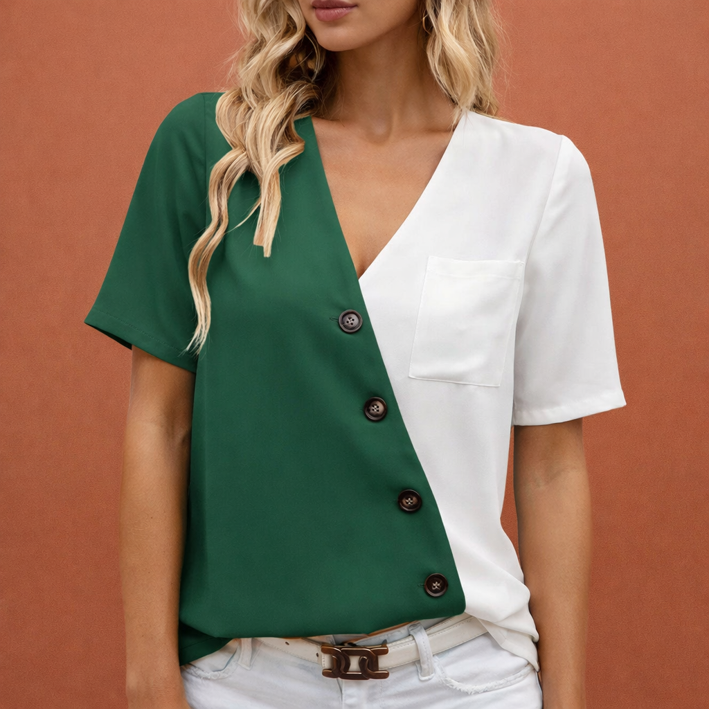 Dames colorblock blouse in groen met minimalistisch design, zacht en comfortabel voor casual en stijlvolle outfits.