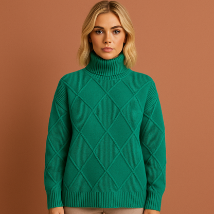 Dames coltrui in groen met geometrisch patroon, zacht en comfortabel voor casual en stijlvolle outfits.