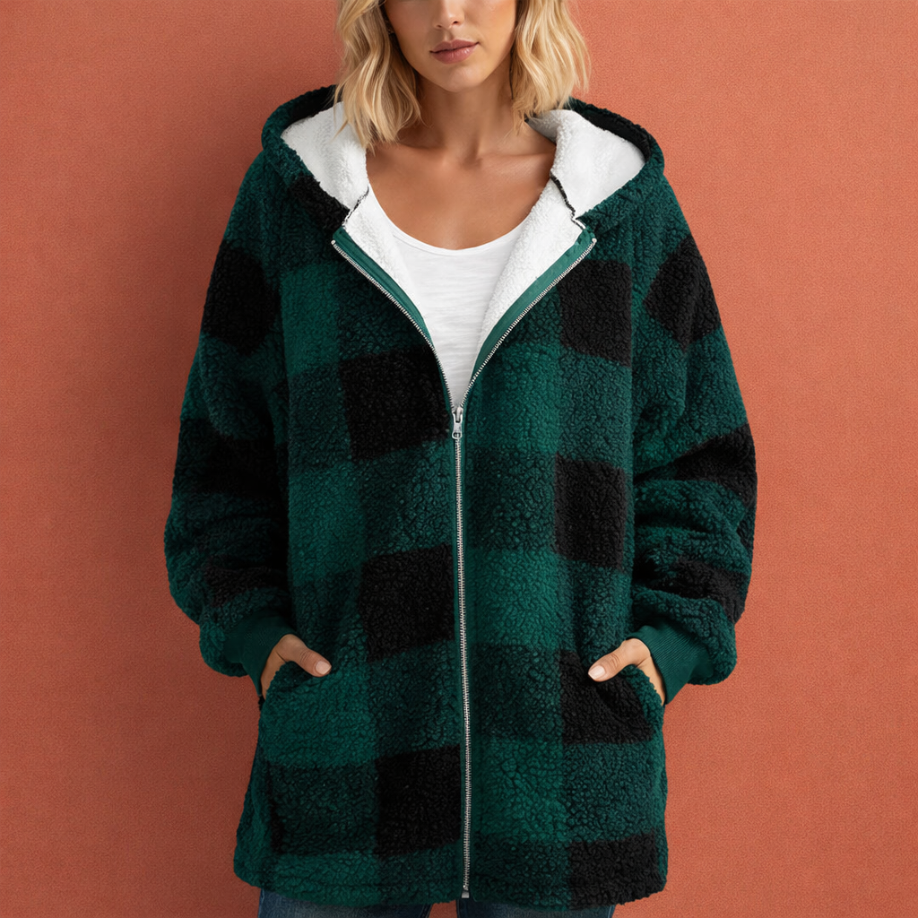 Groene dames jas met capuchon en ruitpatroon, comfortabele pasvorm en warme uitstraling voor dagelijks gebruik.