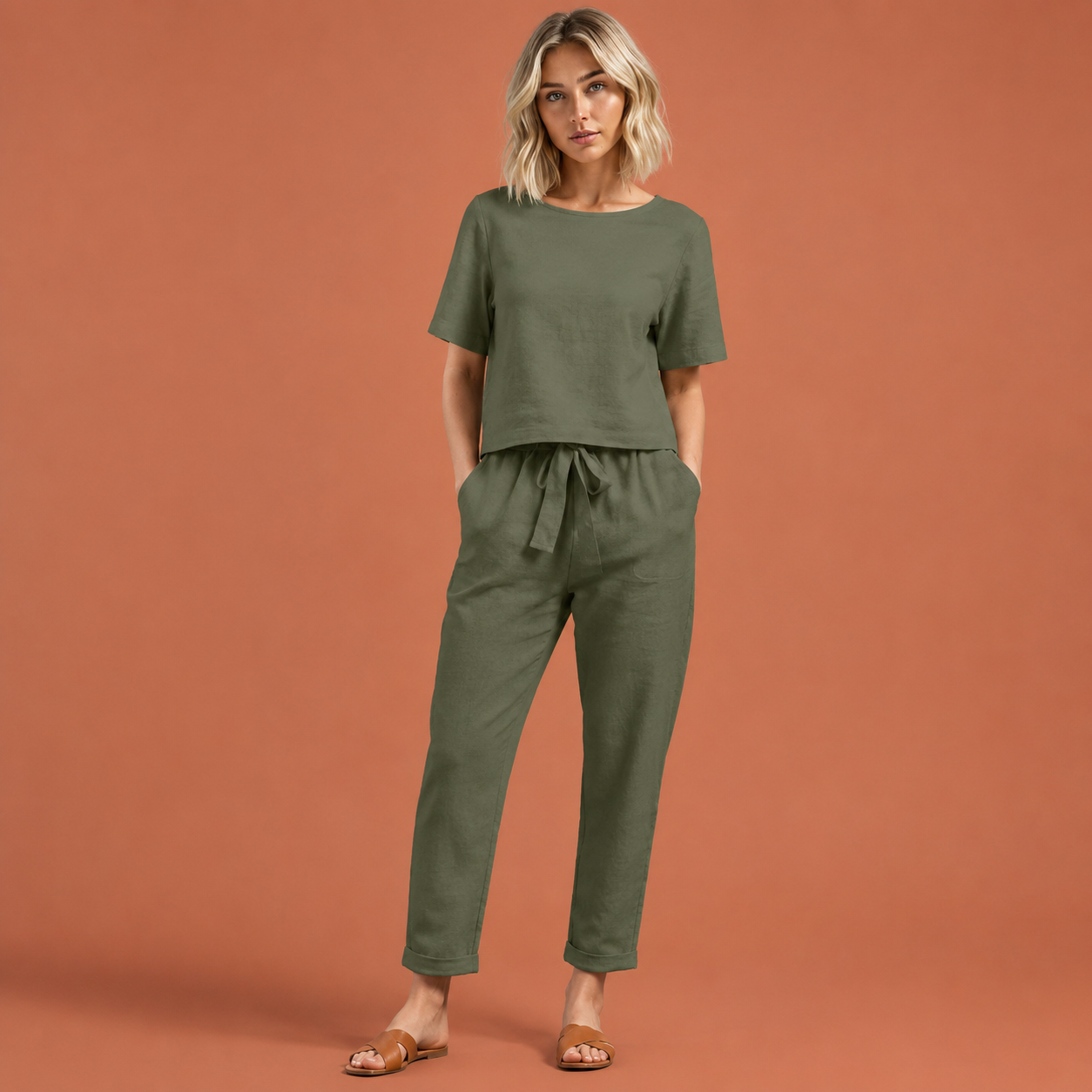 Dames linnen set in groen met minimalistisch design, zacht en comfortabel voor casual en stijlvolle outfits.