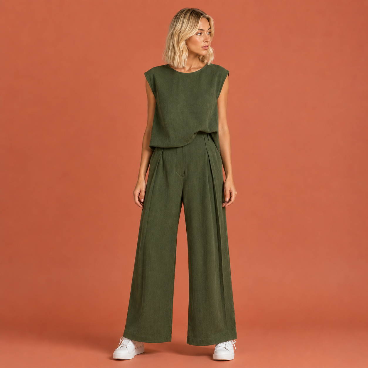 Dames linnen tweedelige set in groen met minimalistisch design, zacht en comfortabel voor casual en stijlvolle outfits.