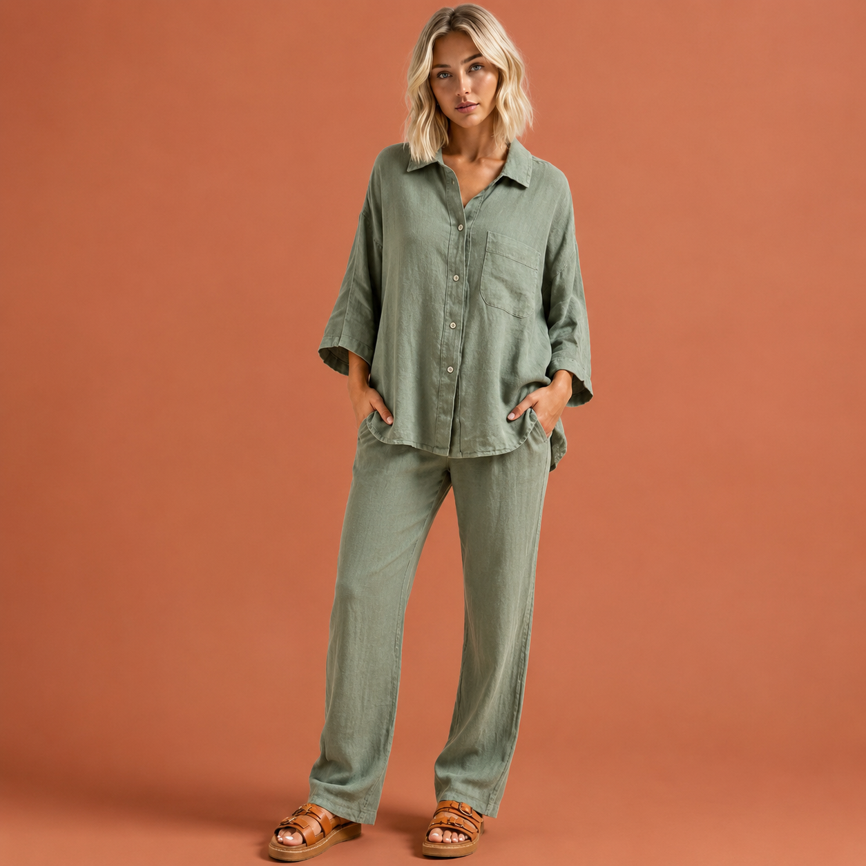 Dames linnen zomer set in groen met minimalistisch design, zacht en comfortabel voor casual en stijlvolle outfits.