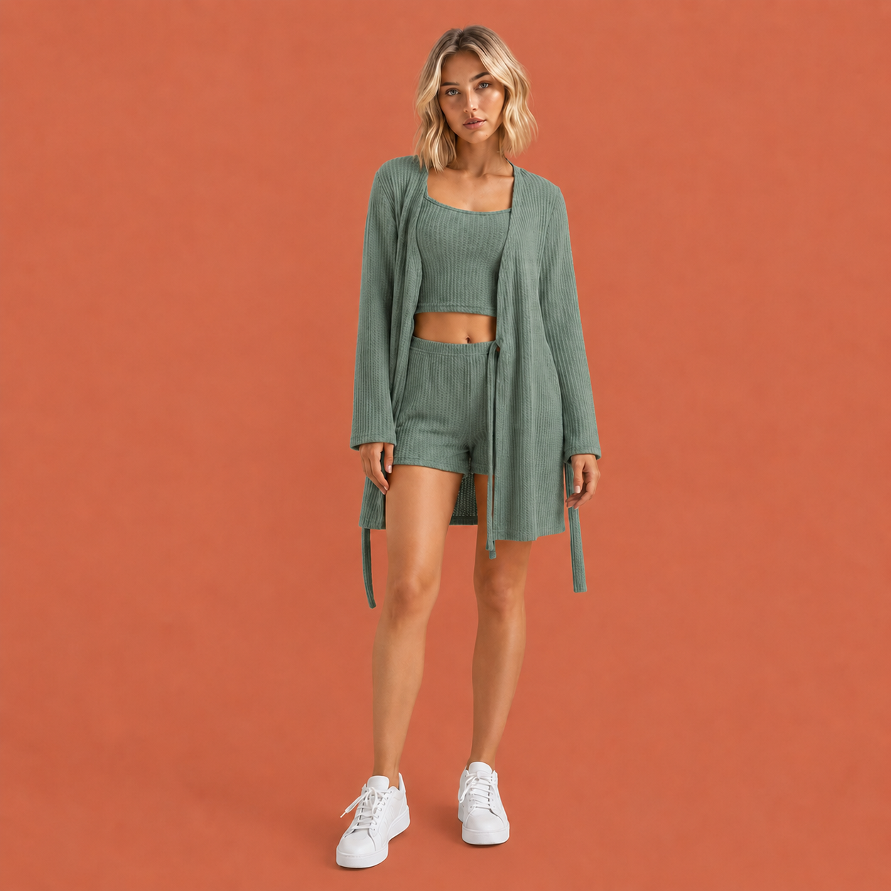 Dames loungewear set in groen met minimalistisch design, zacht en comfortabel voor casual en stijlvolle outfits.