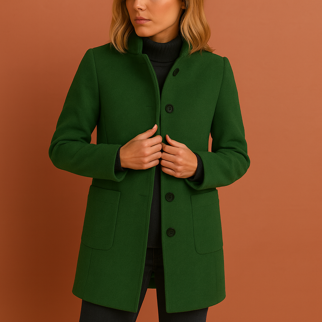 Dames manteljas in groen met knoopsluiting en rechte pasvorm, warm en stijlvol voor herfst en winter