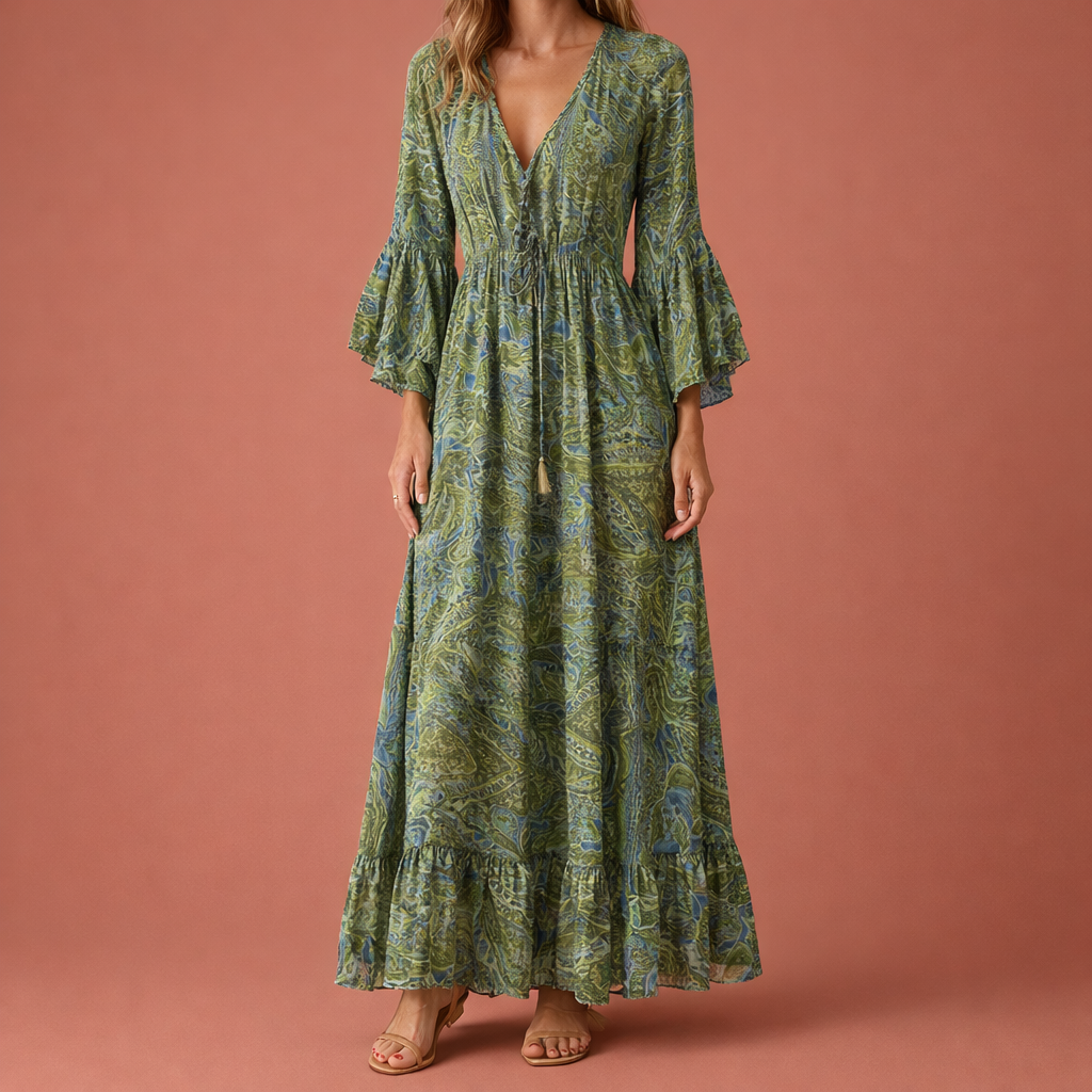 Dames maxi jurk in groen met minimalistisch design, zacht en comfortabel voor casual en stijlvolle outfits.