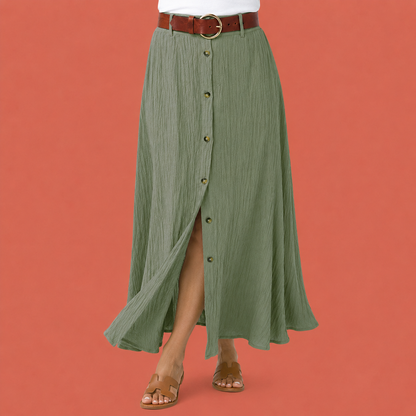 Dames maxi rok in groen met minimalistisch design, zacht en comfortabel voor casual en stijlvolle outfits.