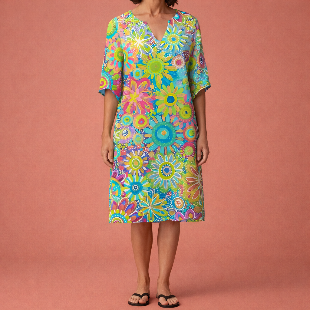 Dames midi bloemenjurk in groen met minimalistisch design, zacht en comfortabel voor casual en stijlvolle outfits.