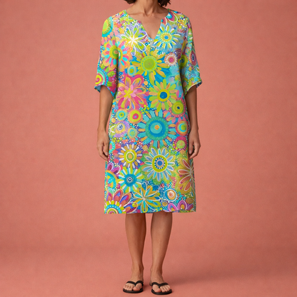 Dames midi bloemenjurk in groen met minimalistisch design, zacht en comfortabel voor casual en stijlvolle outfits.