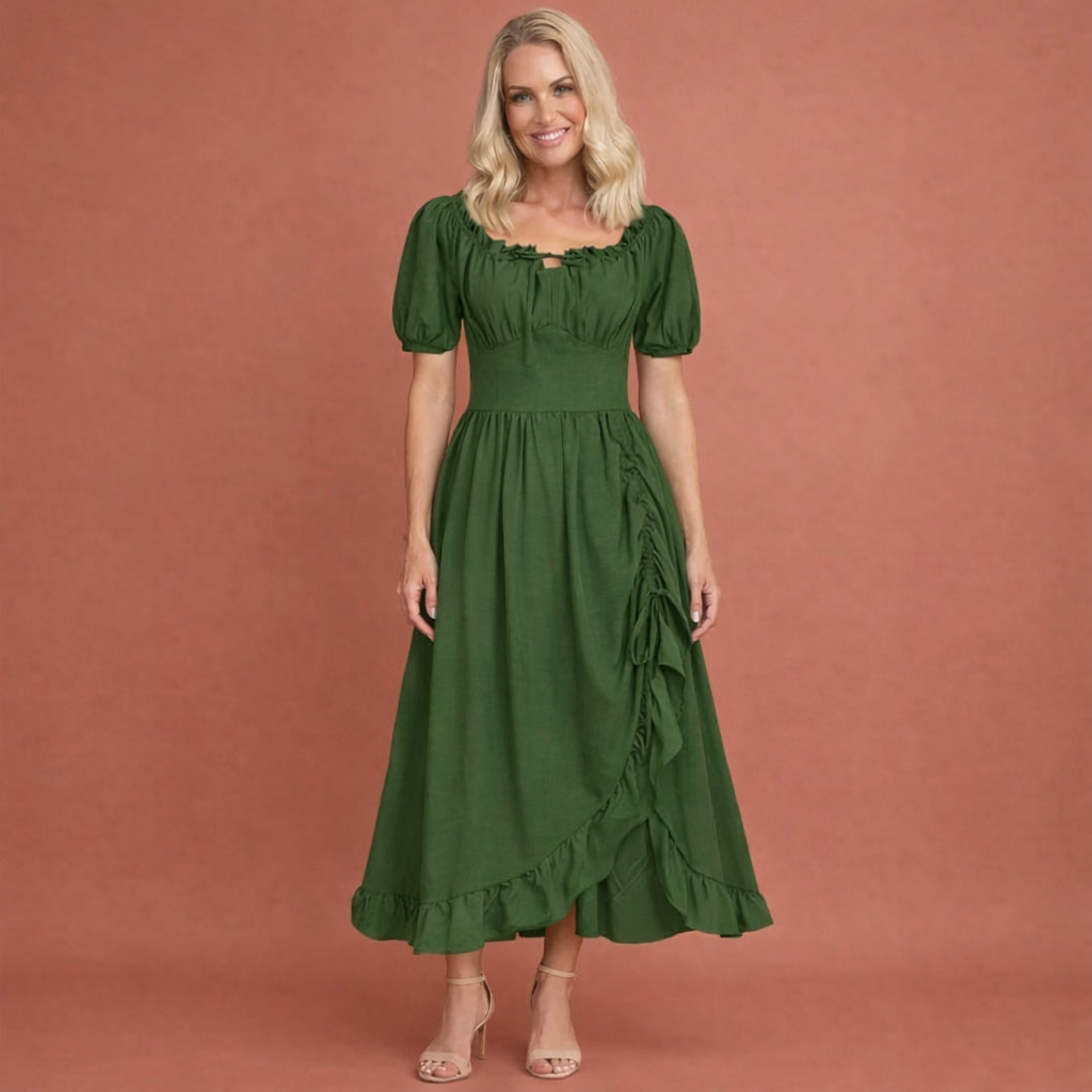 Dames midi jurk in groen met minimalistisch design, zacht en comfortabel voor casual en stijlvolle outfits.