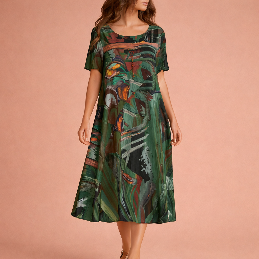 Dames midi zomerjurk in groen met minimalistisch design, zacht en comfortabel voor casual en stijlvolle outfits.