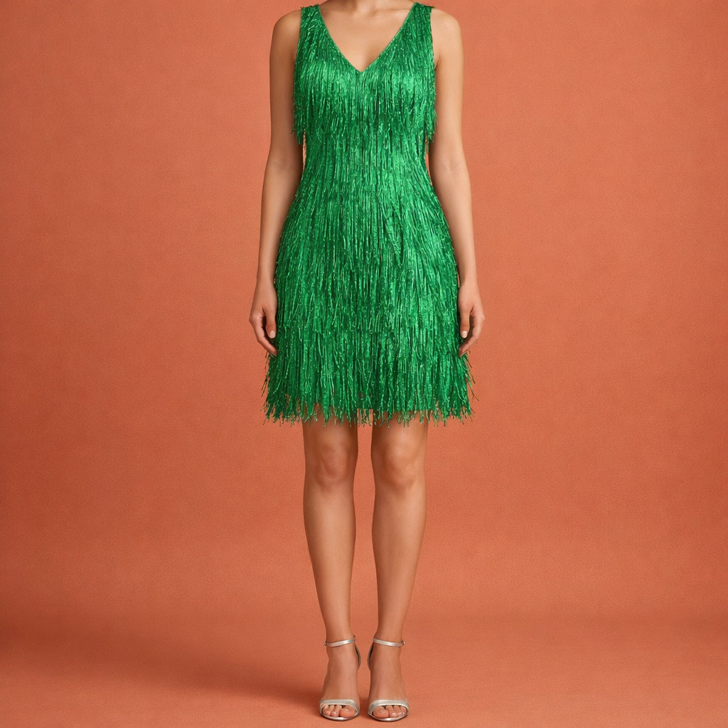 Dames mini flapper jurk in groen met minimalistisch design, zacht en comfortabel voor casual en stijlvolle outfits.