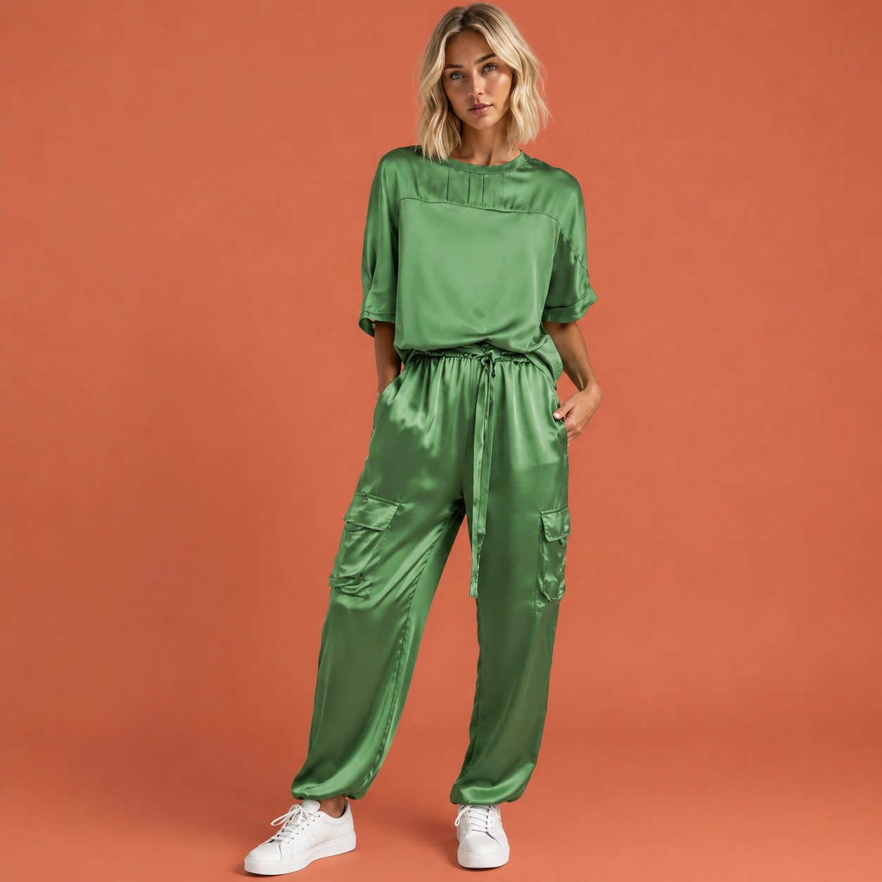 Dames satijnen set in groen met minimalistisch design, zacht en comfortabel voor casual en stijlvolle outfits.